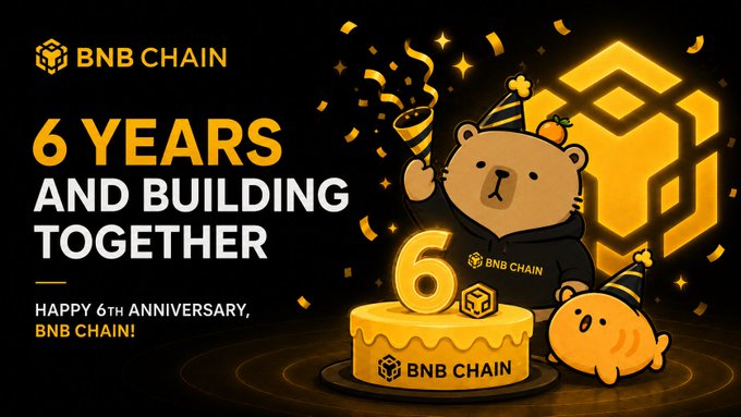 The image celebrates BNB Chain's 6th anniversary with a festive graphic featuring a bear mascot in a BNB Chain hoodie and party hat next to a "6" cake, alongside the text "6 YEARS AND BUILDING TOGETHER" and "HAPPY 6TH ANNIVERSARY, BNB CHAIN!" — perfectly matching the post reflecting on six years since the first block went live and reminiscing about early BNB purchases.