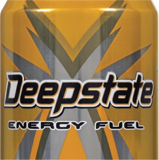 A yellow and black energy drink can labeled 'Deepstate ENERGY FUEL' with a large X graphic in the background.