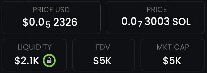 A memecoin metrics dashboard displaying a token price of $0.052326 USD (0.073003 SOL), with $2.1K liquidity, $5K FDV, and $5K market cap, supporting the post's claim of a 5K market cap micro-cap memecoin with 200x potential.