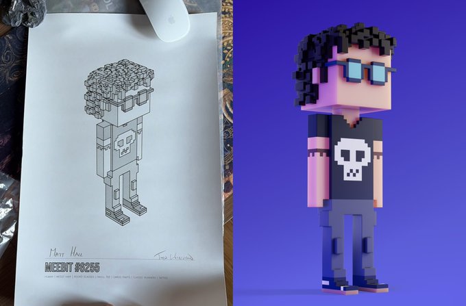A hand-drawn plotter print of a voxel-style character on paper, labeled "Matt Hane" and "MEEBIT #8265" with a signature, displayed alongside a 3D render of the same Meebit NFT character wearing glasses and a skull shirt on a purple background.