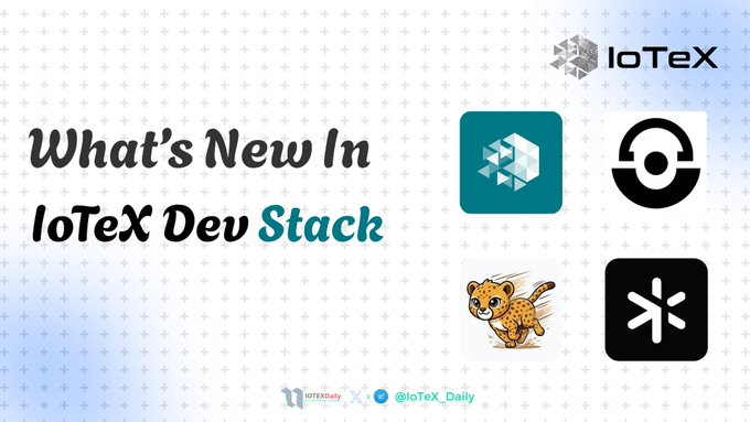 A promotional graphic titled "What's New In IoTeX Dev Stack" displaying the IoTeX logo alongside four other tech-related icons.