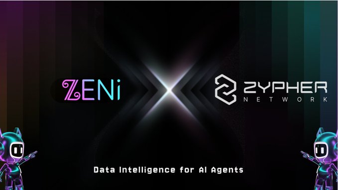 A promotional graphic announcing a partnership between ZENi and Zypher Network, featuring their respective logos alongside the tagline "Data Intelligence for AI Agents," flanked by two robotic cat mascots, visually reinforcing the collaboration highlighted in the post about Zypher DAO's AI- and Zero-Knowledge-powered Web4 ecosystem.