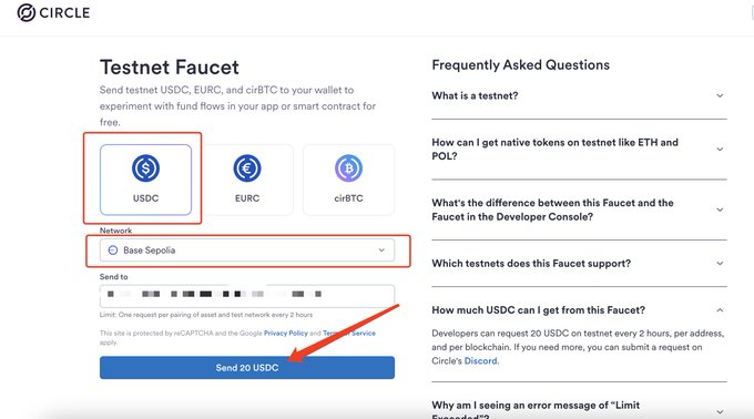 Screenshot of Circle's Testnet Faucet page, highlighting USDC token selection and Base Sepolia network dropdown, with a red arrow pointing to the 'Send 20 USDC' button.