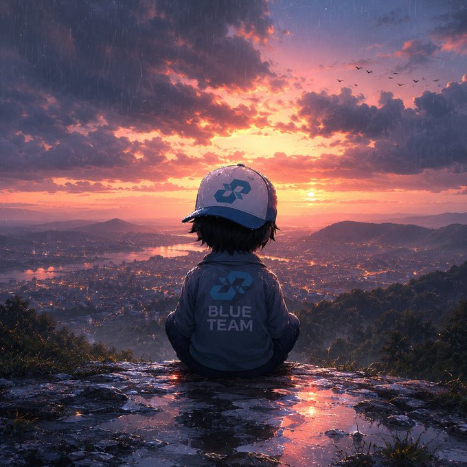 An anime-style illustration shows a character from behind wearing a 'BLUE TEAM' jacket and cap, sitting on a cliff overlooking a city during a rainy sunset.