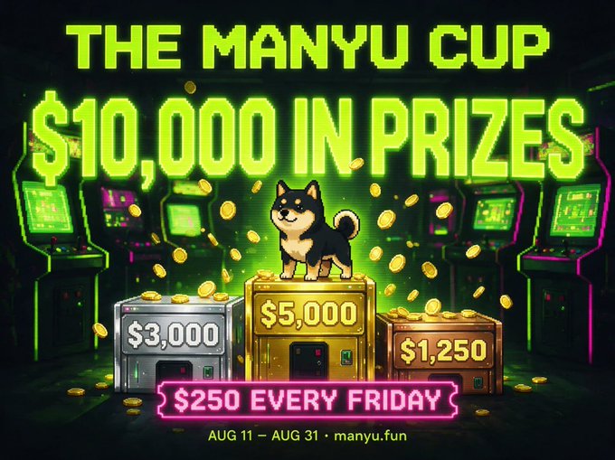 A neon-green themed promotional graphic advertises 'THE MANYU CUP' with $10,000 in prizes, showing a Shiba Inu dog atop treasure chests of $5,000, $3,000, and $1,250, plus '$250 EVERY FRIDAY' from AUG 11 - AUG 31 at manyu.fun.