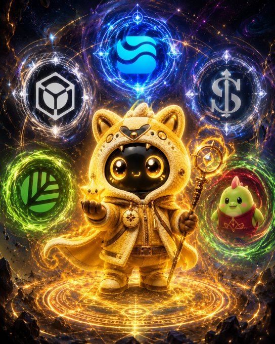A vibrant, magical illustration featuring a cute chibi-style character in golden cat-themed robes holding a star and a scepter, surrounded by glowing cryptocurrency coin symbols including what appears to be Aptos, SUI, and other tokens in colorful energy circles.