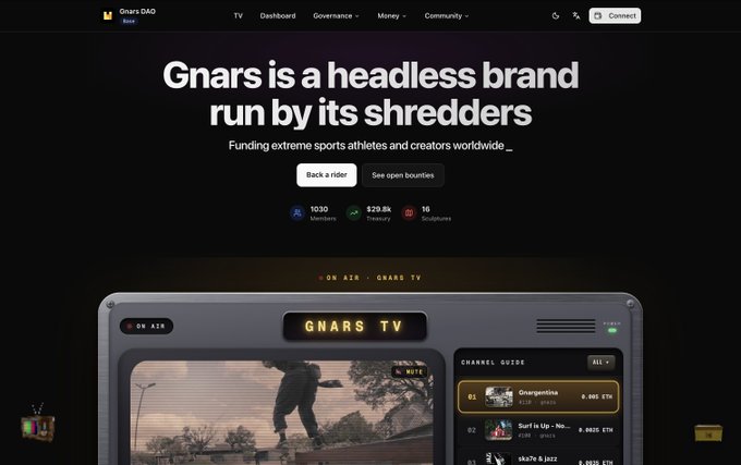 A screenshot of the Gnars DAO website, featuring the headline "Gnars is a headless brand run by its shredders" and a TV-themed interface showing video channels.