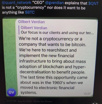 A tweet from Gilbert Verdian (@gverdian) explaining that the QNT token 'is not a cryptocurrency' and stating 'We're not a cryptocurrency or a company that wants to be bitcoin.'