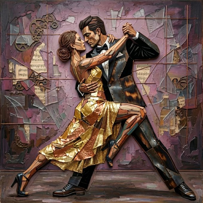 A textured painting in a cubist or collage style depicts a couple dancing the tango. The woman wears a flowing gold dress, and the man is dressed in a dark suit against a purple background filled with abstract shapes and musical notes.