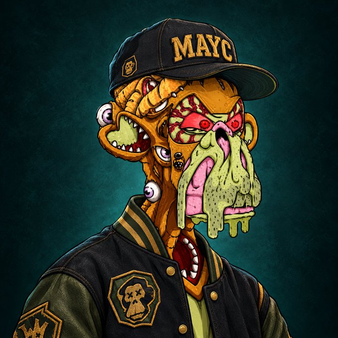 A digital illustration portrays a grotesque, zombie-like orange creature wearing a black 'MAYC' cap and a varsity jacket, featuring multiple eyeballs, exposed brains, and dripping green slime.