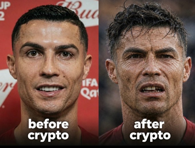 The image is a side-by-side meme featuring a younger Cristiano Ronaldo labeled "before crypto" on the left and an aged-looking version of him labeled "after crypto" on the right, jokingly suggesting that investing in cryptocurrency causes premature aging.