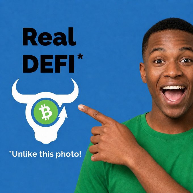 Meme image of an excited man pointing at a Bitcoin bull logo with the text 'Real DEFI*' and '*Unlike this photo!' on a blue background.