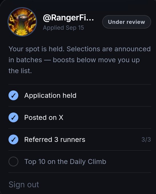 An application status screen for '@RangerFi...' marked 'Under review' and 'Applied Sep 15,' showing completed requirements like 'Application held,' 'Posted on X,' and 'Referred 3 runners (3/3).'