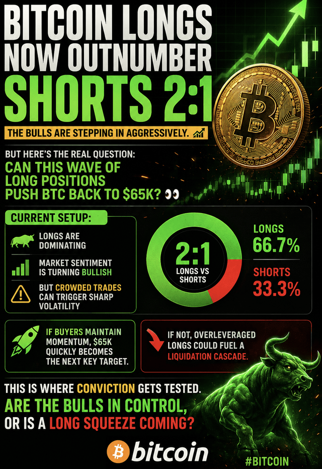 A Bitcoin trading infographic declaring 'BITCOIN LONGS NOW OUTNUMBER SHORTS 2:1' with a 66.7%/33.3% donut chart, bullish market sentiment analysis, and a green bull graphic asking if BTC can push to $65K.