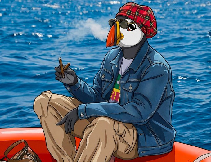 A puffin wearing sunglasses, a red plaid bucket hat, denim jacket, and khaki pants sits on an orange raft smoking a cigar while surrounded by deep blue ocean water, evoking a relaxed "on vacation" vibe that matches the casual, taking-a-break tone of the post about being inactive while others trade on Robinhood.