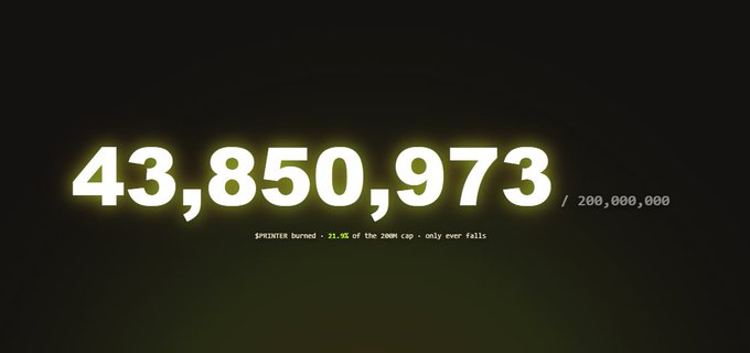 A digital counter displays "43,850,973 / 200,000,000" in glowing yellow text on a black background, with smaller text noting "SPLINTER BURNED - 21.9% of the 200M cap - only ever fails."