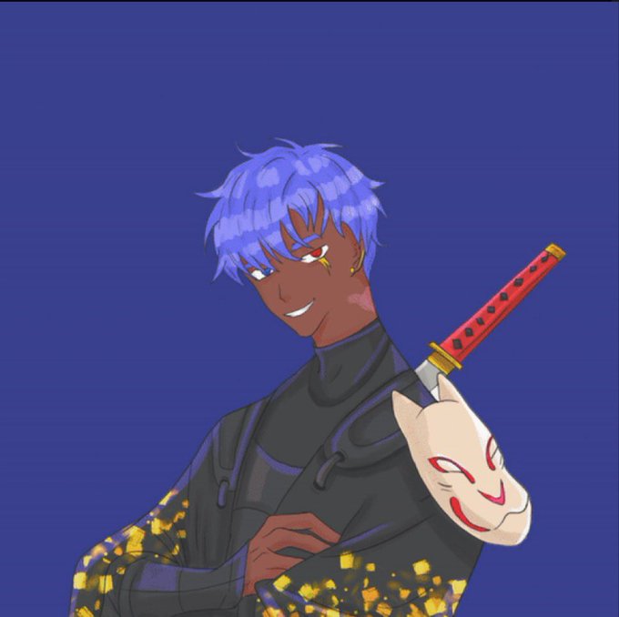 The image features an anime-style character with blue hair, dark skin, and red eyes, wearing a black outfit with gold confetti-like patterns and holding a katana with a kitsune (fox) mask dangling from it, fitting the lucky-winner theme of a giveaway post announcing 7 randomly selected GTD winners with their crypto wallet addresses.