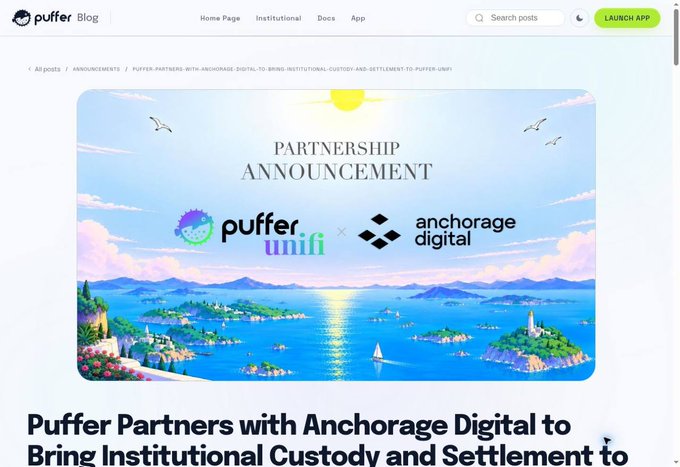 A screenshot from the Puffer Blog announcing a partnership between Puffer UniFi and Anchorage Digital, featuring a colorful illustrated landscape with the logos of both companies and the headline "Puffer Partners with Anchorage Digital to Bring Institutional Custody and Settlement."