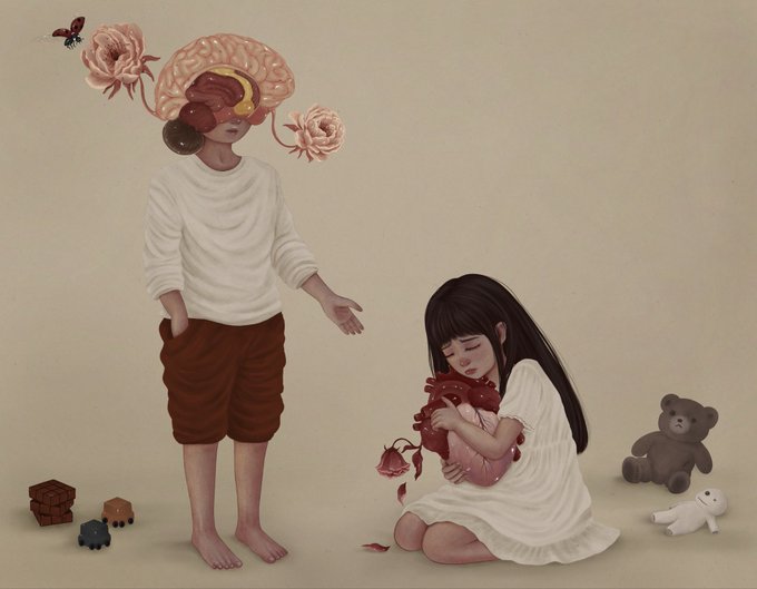 A surreal illustration of a boy whose head is replaced by an exposed brain with flowers, standing barefoot beside a sad girl clutching roses, with scattered toys including a teddy bear on the floor.
