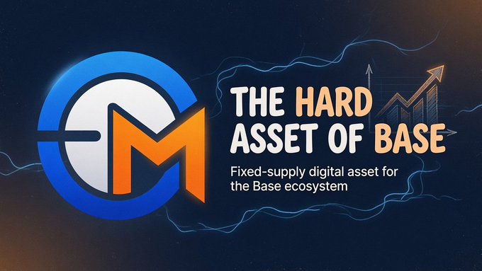 Promotional graphic for 'CM' token featuring a blue and orange logo with the text 'THE HARD ASSET OF BASE - Fixed-supply digital asset for the Base ecosystem' against a dark background with an upward trending chart.