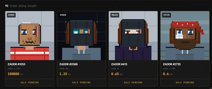 A digital marketplace interface displays '92 items being bought' with four pixel-art character avatars labeled ZADDR #1053, #2068, #0415, and #2735, each marked 'SALE PENDING' with prices listed in BTC and ZEC.