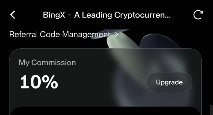 A BingX cryptocurrency exchange referral code management screen displays a 'My Commission' rate of 10% with an Upgrade button.