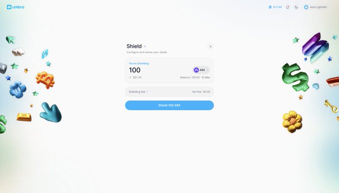 A screenshot of the Umbra platform shows a "Shield" interface allowing users to encrypt 100 ARX for $27.55 at a balance of 100.00/14 Max, with a "Shielding Fee" listed as No Fee - $0.00 and a blue "Shield 100 ARX" button to confirm the encryption transaction. The page is framed by colorful 3D decorative elements like stars, a flower, and abstract shapes, visually reinforcing Umbra's new ARX encryption feature.