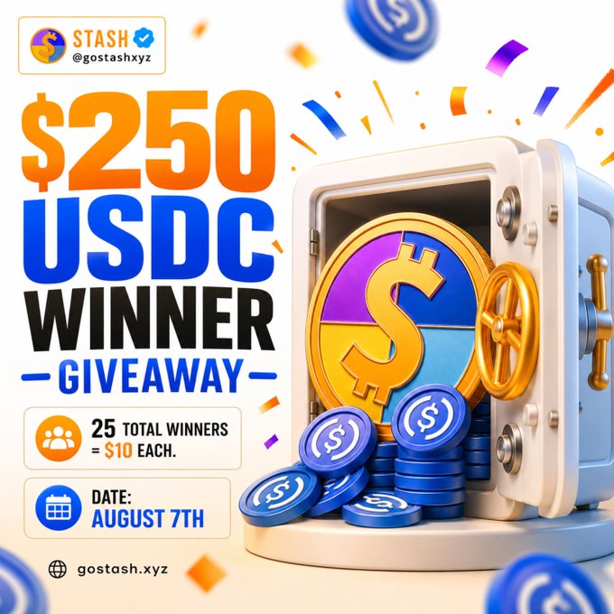 A vibrant promotional graphic from @gostashxyz advertises a "$250 USDC WINNER GIVEAWAY," featuring an open safe overflowing with colorful USDC coins and a wheel, announcing that 25 total winners will receive $10 each on August 7th, directly mirroring the post's details about the July PFP Giveaway reward for STASH Army members.