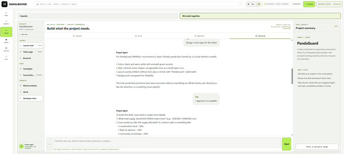 A screenshot of the 'SIGNALBOUND' dashboard interface showing a project assistant chat for 'PandaGuard', featuring agent messages about launching the token, dashboard design options, and a project summary panel.