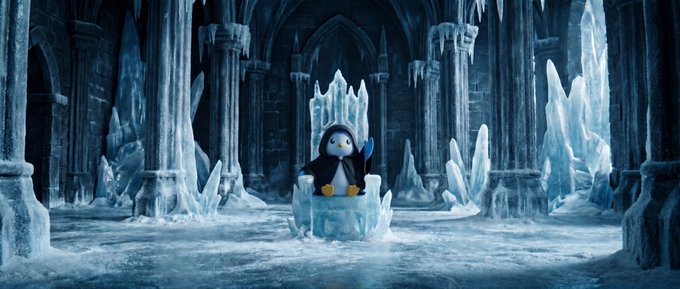 A penguin character wearing a dark cloak sits on an ice throne inside an icy, gothic-style hall filled with frozen pillars and icicles.