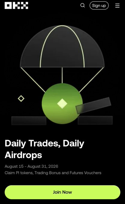 The OKX promotional banner advertises their "Daily Trades, Daily Airdrops" campaign running from August 15-31, 2026, featuring a green coin descending via parachute against a black background, with a "Join Now" call-to-action button. The campaign ties directly to the accompanying post by offering participants the chance to earn Pi tokens, trading bonuses, and futures vouchers through daily task completion.