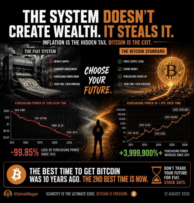 An infographic comparing the fiat system to Bitcoin standard, featuring text including 'THE SYSTEM DOESN'T CREATE WEALTH. IT STEALS IT', 'INFLATION IS THE HIDDEN TAX', 'CHOOSE YOUR FUTURE', and 'STACK SATS', with charts showing purchasing power decline (-99.85%) vs Bitcoin growth (+3,999,900%), dated 12 August 2026, by @SatoshiBagger.
