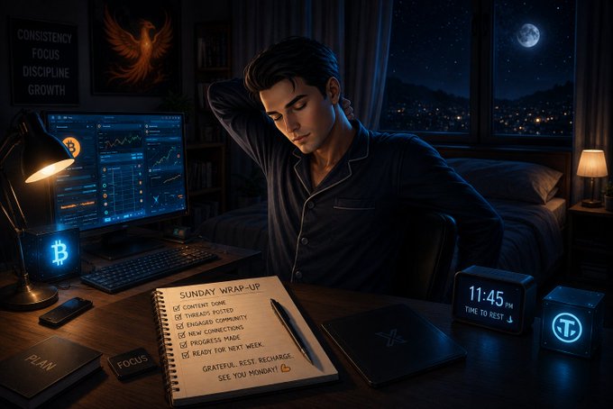 Illustration of a man at a nighttime desk with a crypto trading setup, featuring a Bitcoin monitor, with an open notebook titled 'SUNDAY WRAP-UP' listing items like '✓ CONTENT DONE' and '✓ READY FOR NEXT WEEK'.