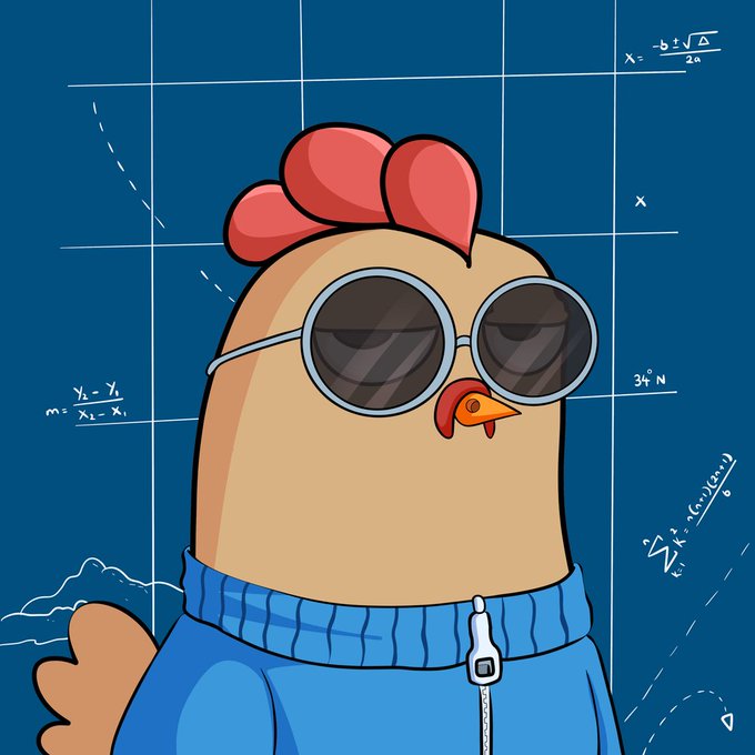 A cartoon chicken wearing oversized round sunglasses and a blue zip-up jacket stands against a dark blue grid background filled with mathematical equations (including "x = -b±√Δ/2a", slope formula "m = y₂-y₁/x₂-x₁", and a summation formula) and the label "34°N." The image fits the post's vibe of a cool, playful mascot representing the "Floks" community—blending quirky style with intellectual flair to convey "building, connecting, creating."
