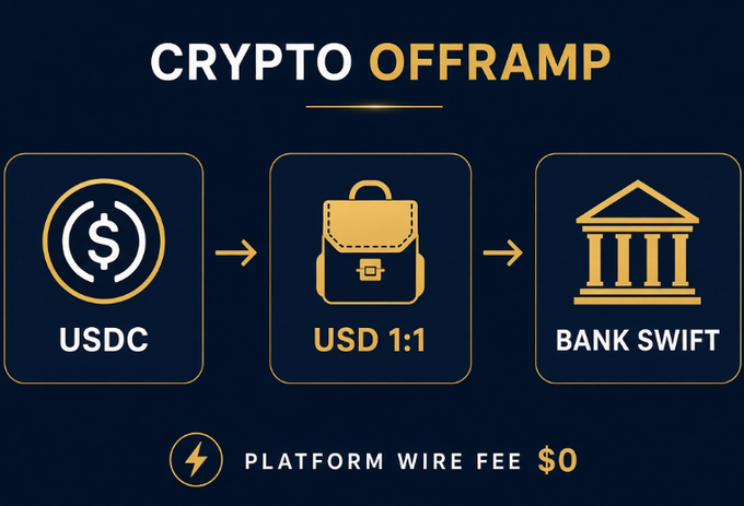 Infographic titled 'CRYPTO OFFRAMP' showing a three-step process: USDC to USD 1:1 to BANK SWIFT, noting 'PLATFORM WIRE FEE $0'.