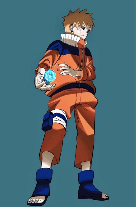 An anime illustration of a character in an orange and blue outfit holding a glowing blue orb, appearing to be from the Naruto series.