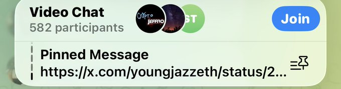 A Twitter/X video chat interface shows 582 participants with a pinned message linking to https://x.com/youngjazzeth/status/2...