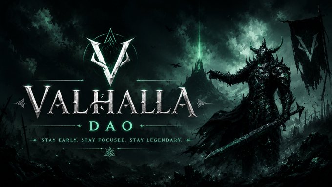 Dark fantasy game artwork titled 'VALHALLA DAO' with the tagline 'STAY EARLY. STAY FOCUSED. STAY LEGENDARY.' featuring a horned warrior and a glowing tower.