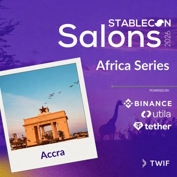 Purple promotional poster for 'Stablecoin Salons 2026 Africa Series' featuring a Polaroid photo of Accra (Independence Arch) with sponsors Binance, utila, and tether.