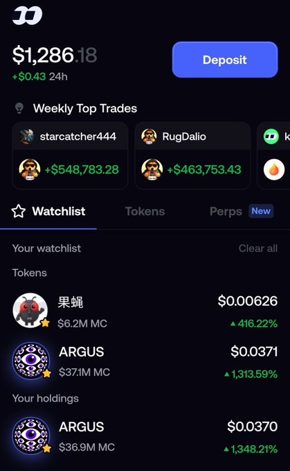 A cryptocurrency portfolio app screen showing a balance of $1,286.18 (+$0.43 in 24h), a 'Weekly Top Trades' leaderboard featuring traders like 'starcatcher444' and 'RugDalio' with large gains, and a watchlist including tokens like '果蝇' ($0.00626) and 'ARGUS' ($0.0371) with significant percentage gains.