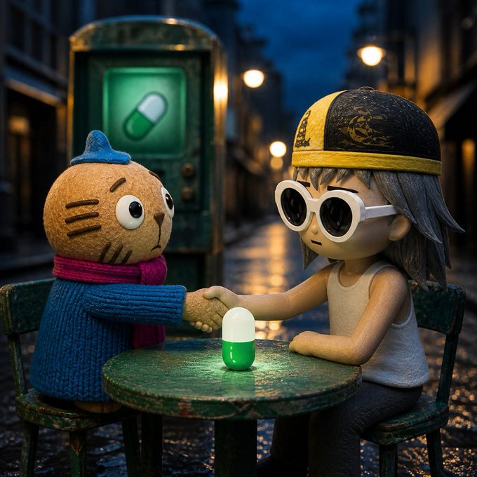 A 3D-rendered scene depicting a knitted cat-like character in a blue sweater shaking hands across a green table with a boy wearing round white glasses and a black cap, with a green and white capsule placed on the table.