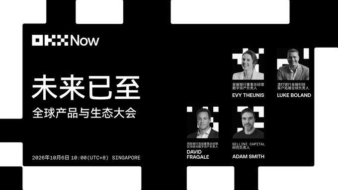 A promotional graphic for 'OKX Now' features Chinese text '未来已至 全球产品与生态大会' and the date '2026年10月6日 10:00 (UTC+8) SINGAPORE,' alongside photos of speakers Evy Theunis, Luke Boland, David Fragale, and Adam Smith.