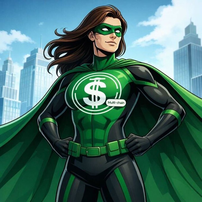 An illustrated superhero in a green and black suit with a dollar sign logo on the chest and a 'Multi-chain' label, standing before a city skyline.