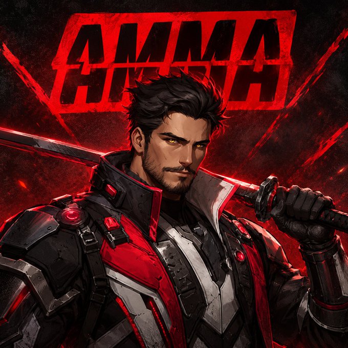A stylized digital illustration of a warrior character with dark hair and yellow eyes wearing red and black armor, holding a sword over his shoulder, with the word 'AMMOUTH' displayed in red text behind him.