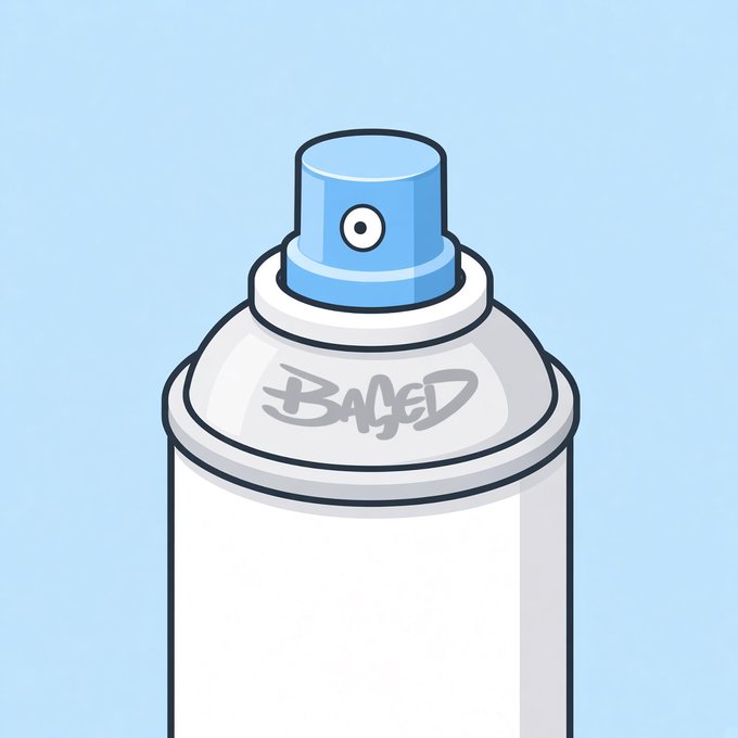 An illustration of a white spray paint can with the word 'BAGED' written on it, featuring a light blue nozzle against a solid light blue background.