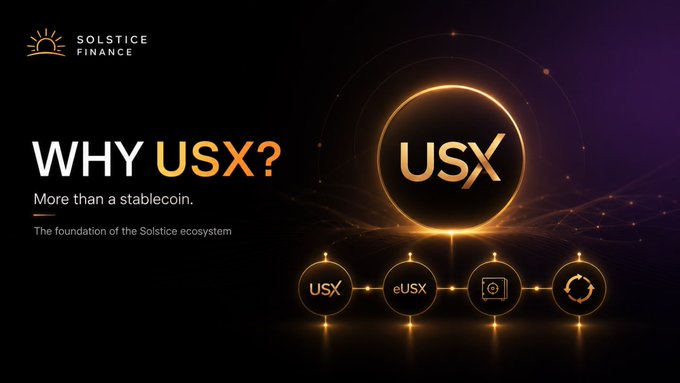 The image features a poster for a stablecoin called USX. The poster includes a gold circle with the word "USX" written inside of it, surrounded by four other circles containing different logos or icons related to stablecoins. The text on the poster asks a question about why USX exists and how it differs from existing stablecoins like USDC.