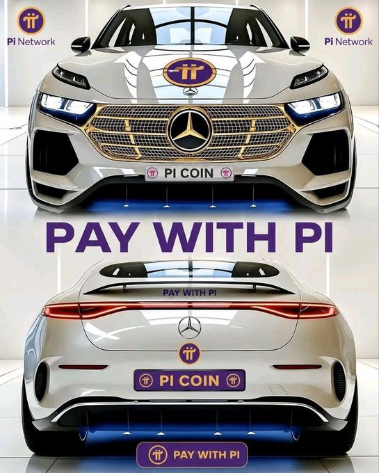 This image shows a luxury car branded with the Pi Network logo and "PI COIN" on the license plates, emphasizing the idea of paying with Pi. The text "PAY WITH PI" is prominently displayed across the image, directly relating to the Pi Network's promotion of its cryptocurrency for transactions.