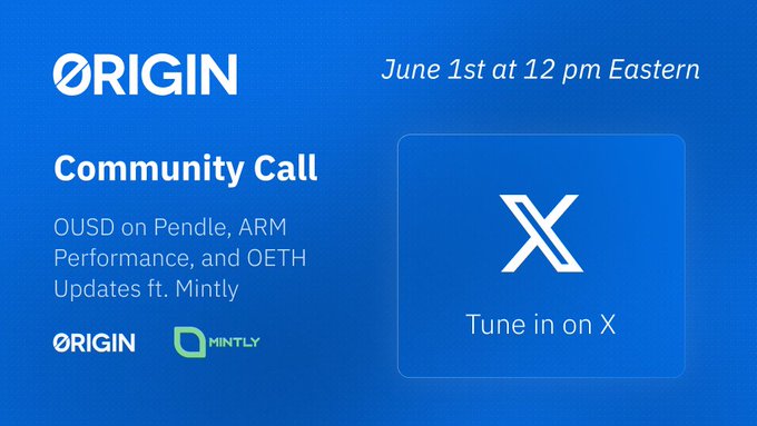 The image features a blue banner that displays information about an upcoming community call organized by Origin. The banner includes details such as the date, time, and location of the event (June 1st at 12 pm Eastern Time), as well as the names of the speakers and the topics they will be discussing. Additionally, there is a white x symbol on the banner that represents the origin logo. The image also contains text in green and white, which provides more information about the community call, such as the name of the event and the purpose it serves.