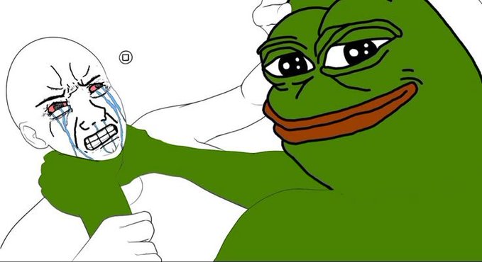 A drawing of a muscular green Pepe the Frog figure choking a crying Wojak character.