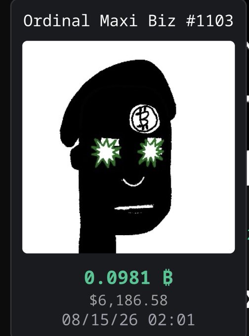 An NFT listing for 'Ordinal Maxi Biz #1103' showing a stylized black silhouette character with green star-shaped eyes and a Bitcoin logo on its hat, priced at 0.0981 B ($6,186.58) with timestamp 08/15/26 02:01.